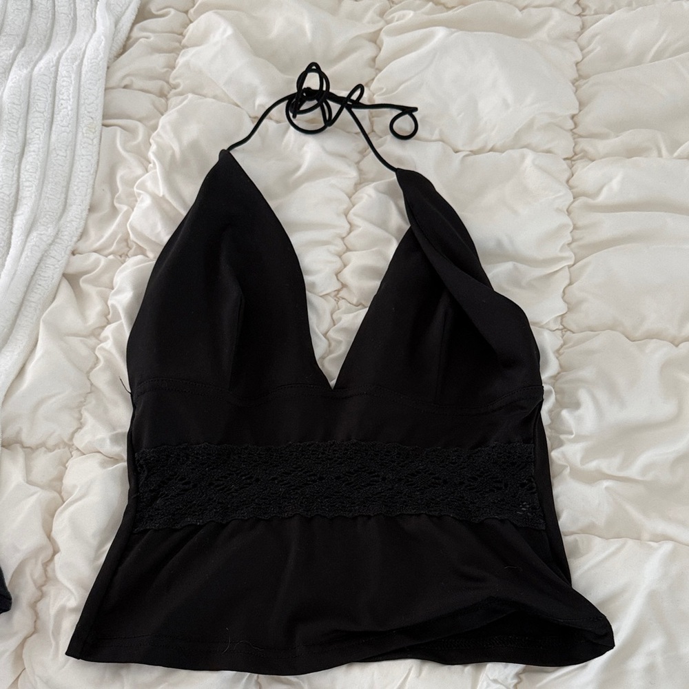 SHEIN Black Lace Trim Halter Top